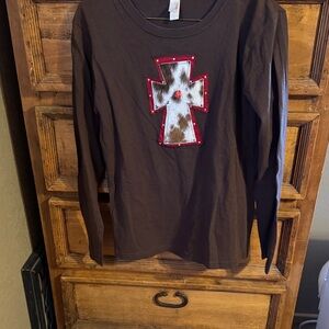 Anvil Brown Long Sleeve Kids Shirt with Cross Patch